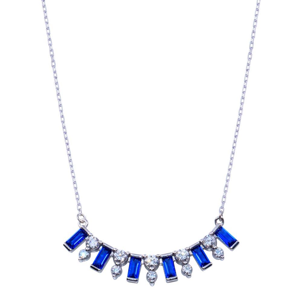 Rhodium Plated 925 Sterling Silver Clear and Blue CZ Necklace - BGP01395