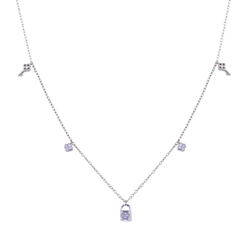 Rhodium Plated 925 Sterling Silver Clear CZ Lock and Key Necklace - BGP01406