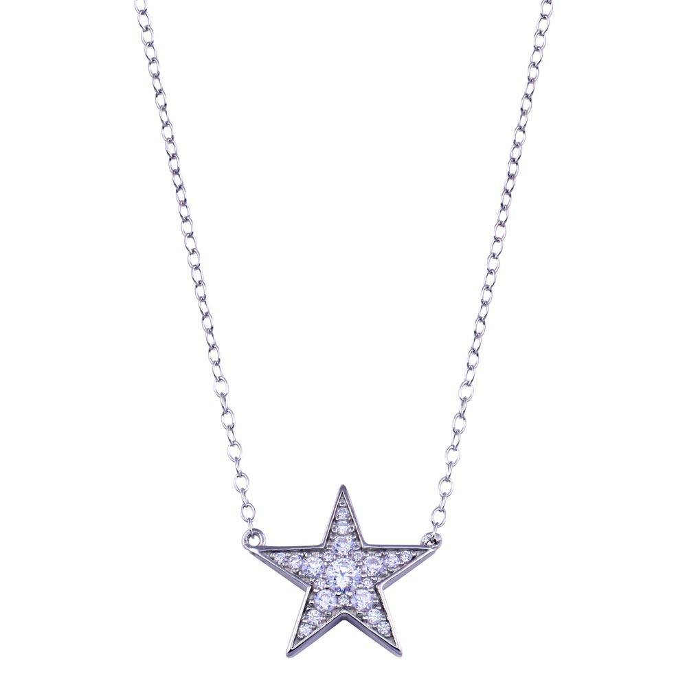 Rhodium Plated 925 Sterling Silver Clear CZ Star Necklace - BGP01410