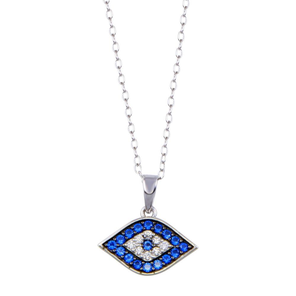 Rhodium Plated 925 Sterling Silver Evil Eye Blue and Clear CZ Necklace - BGP01411