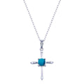 Rhodium Plated 925 Sterling Silver Cross Turquoise CZ Necklace - BGP01415