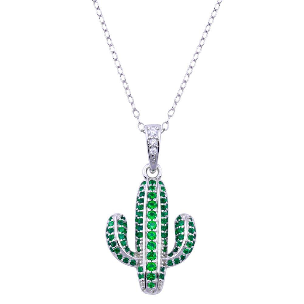 Rhodium Plated 925 Sterling Silver Cactus Green CZ Necklace - BGP01416