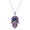 Rhodium Plated 925 Sterling Silver Hamsa Multicolor CZ Necklace - BGP01426