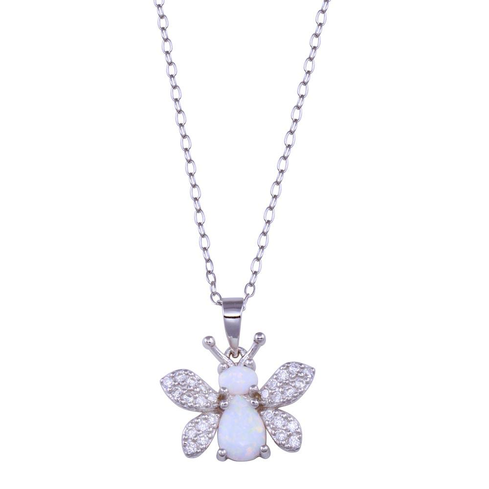 Rhodium Plated 925 Sterling Silver Butterfly Synthetic Opal CZ Necklace - BGP01436