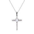 Rhodium Plated 925 Sterling Silver Cross Heart Opal Clear CZ Necklace - BGP01438