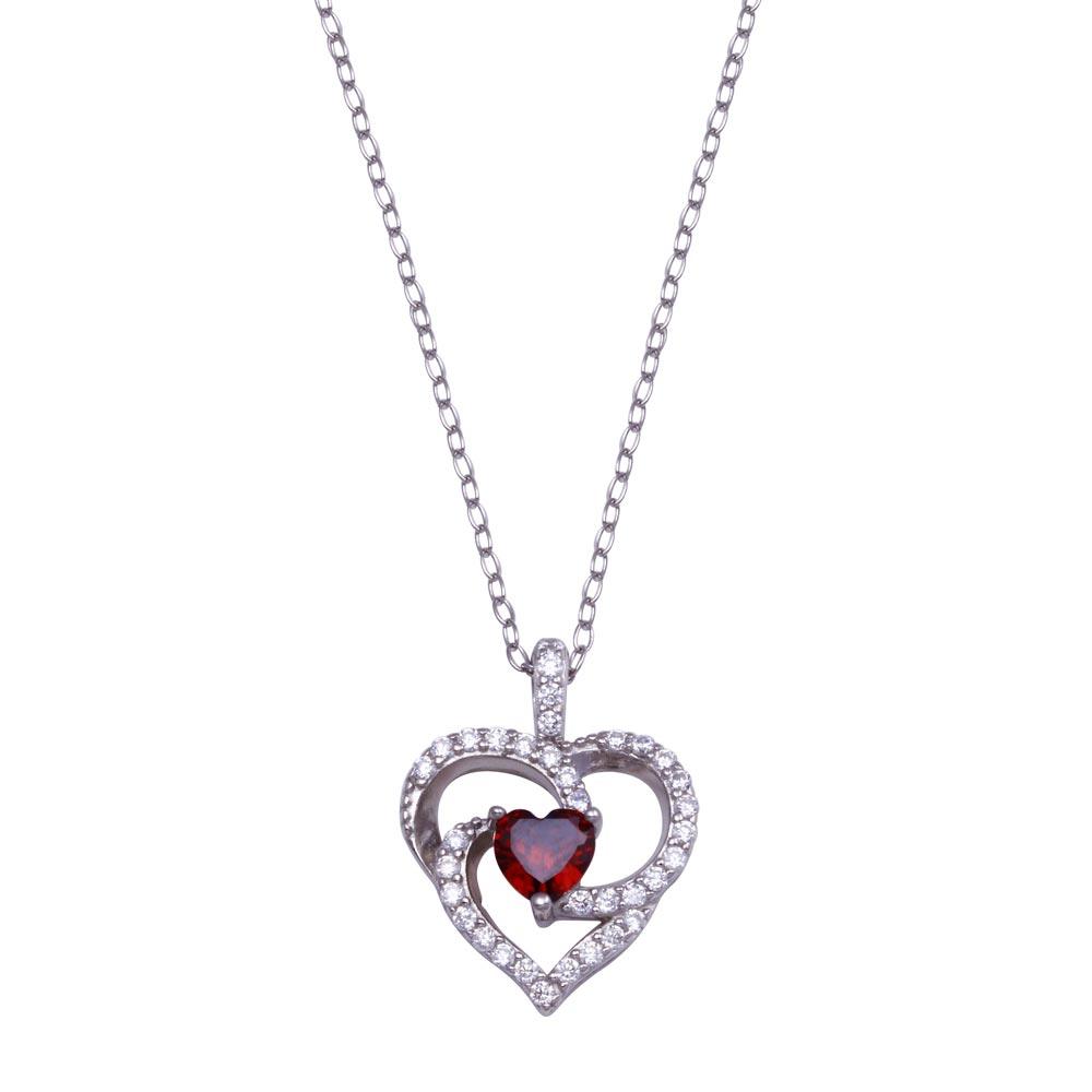 Rhodium Plated 925 Sterling Silver Clear and Red Heart Necklace - BGP01439