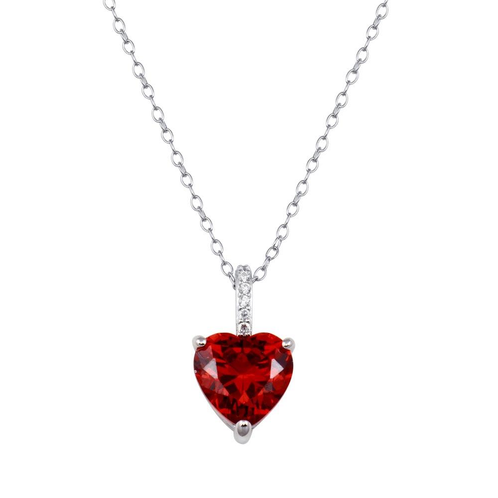 Rhodium Plated 925 Sterling Silver Red Heart CZ Necklace - BGP01440