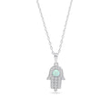 Rhodium Plated 925 Sterling Silver Hamsa Opal and Clear CZ Adjustable Necklace - BGP01451