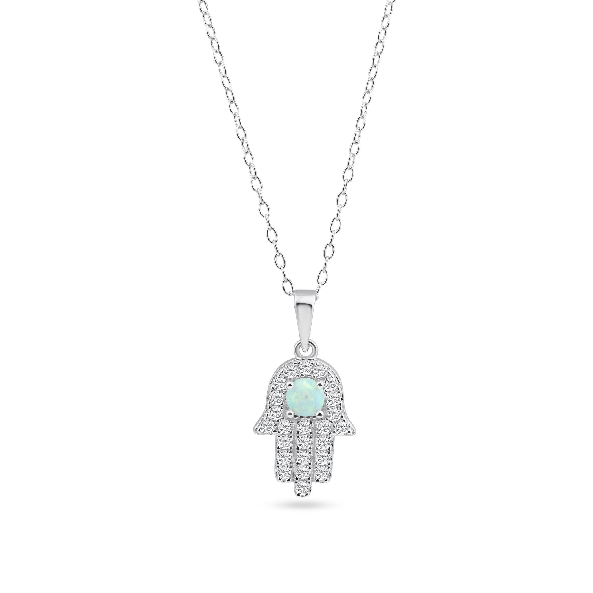 Rhodium Plated 925 Sterling Silver Hamsa Opal and Clear CZ Adjustable Necklace - BGP01451