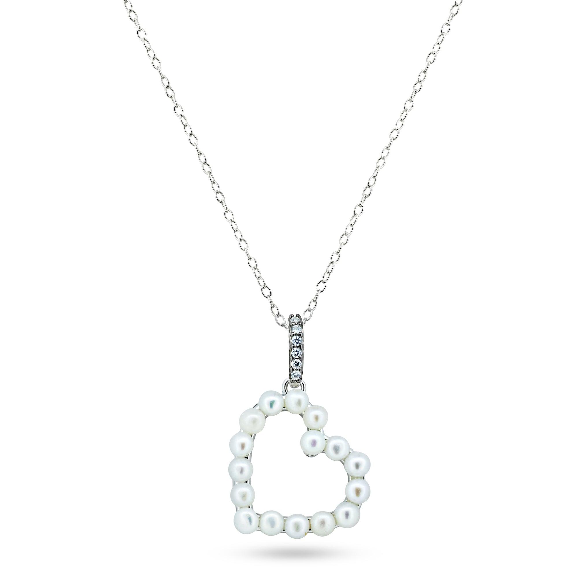 Rhodium Plated 925 Sterling Silver Pearl Heart Necklace - BGP01466