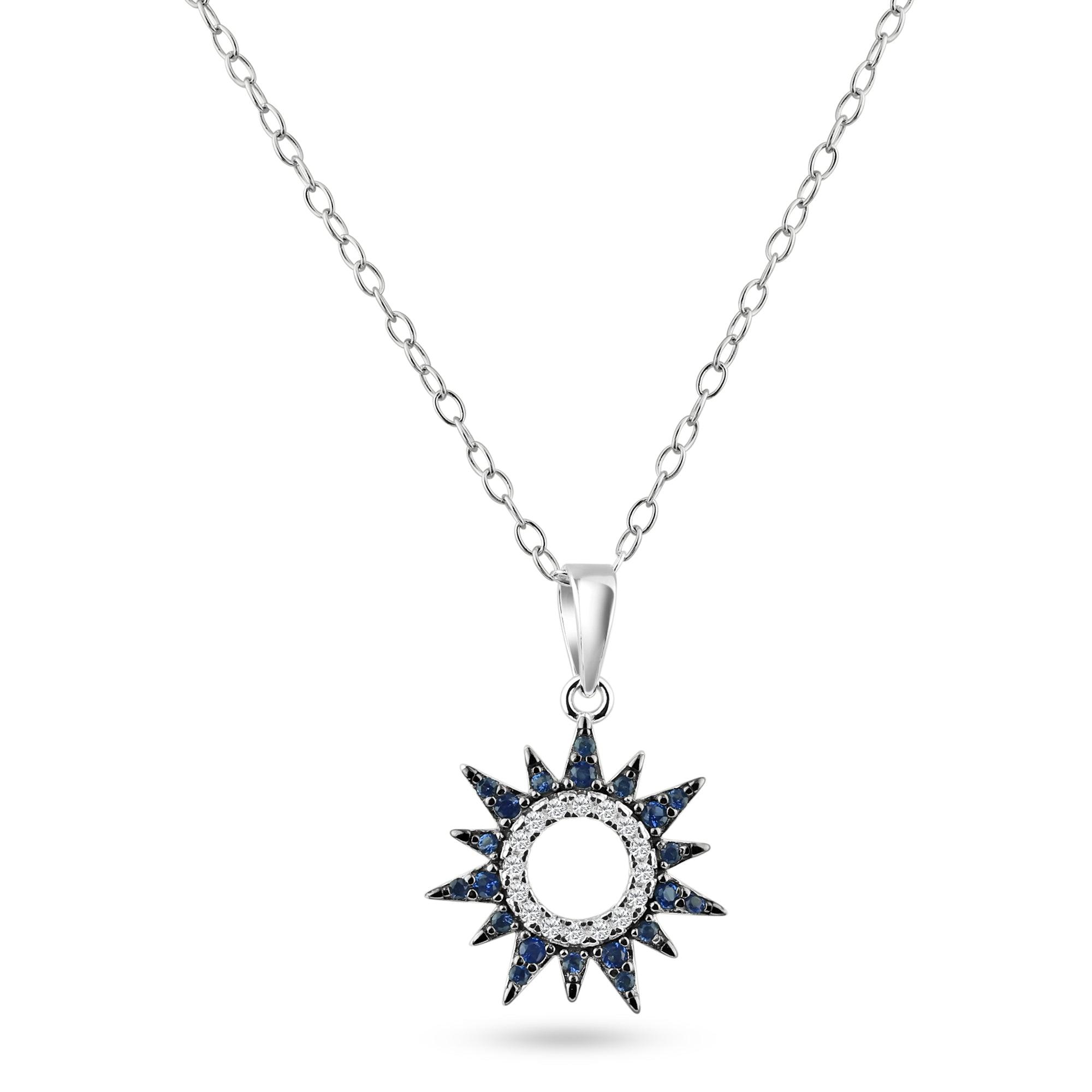 Rhodium Plated 925 Sterling Silver Sun Blue and Clear CZ Pendant Necklace - BGP01468