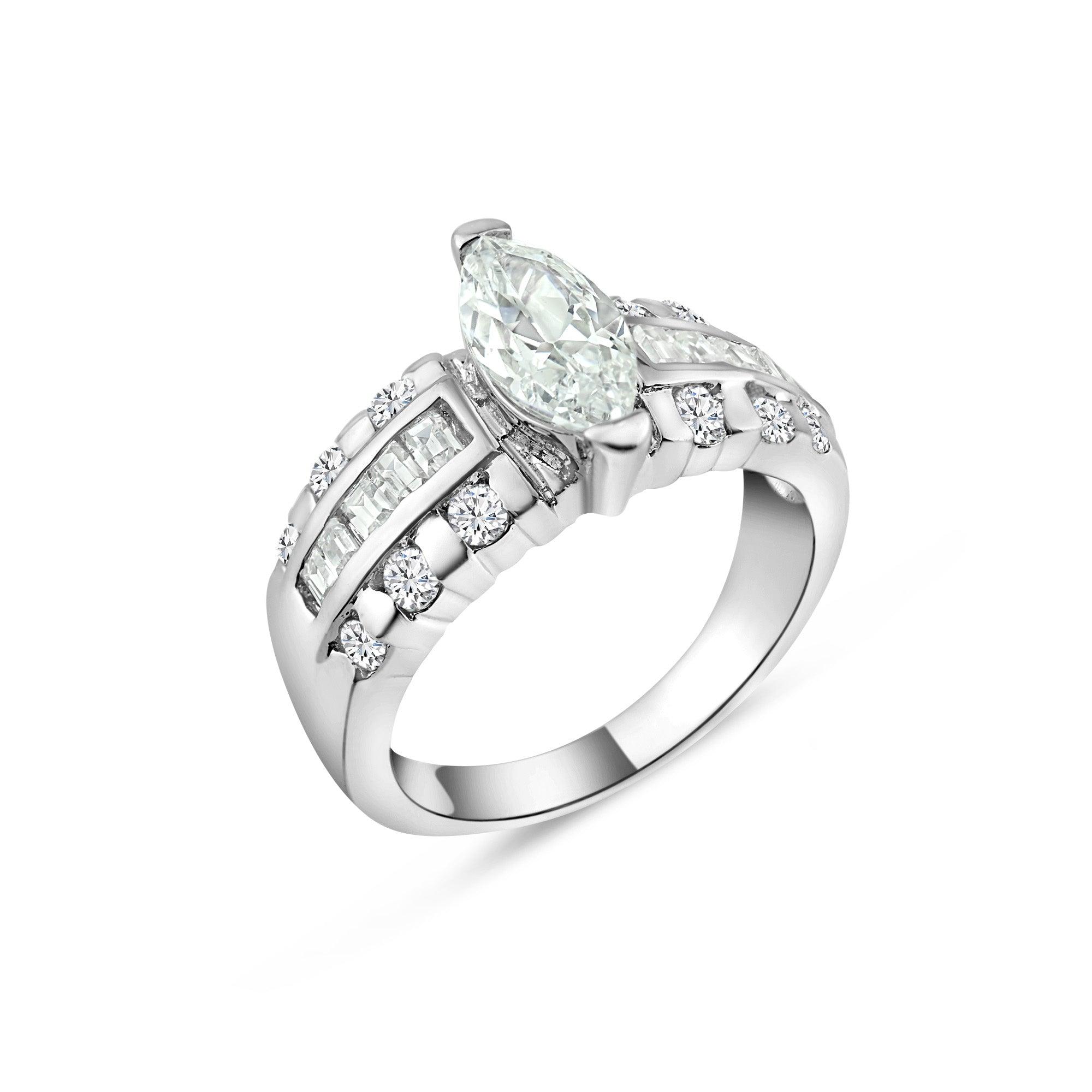 Silver 925 Rhodium Plated Clear Marquise Center Channel Set Square CZ Bridal Ring - BGR00010