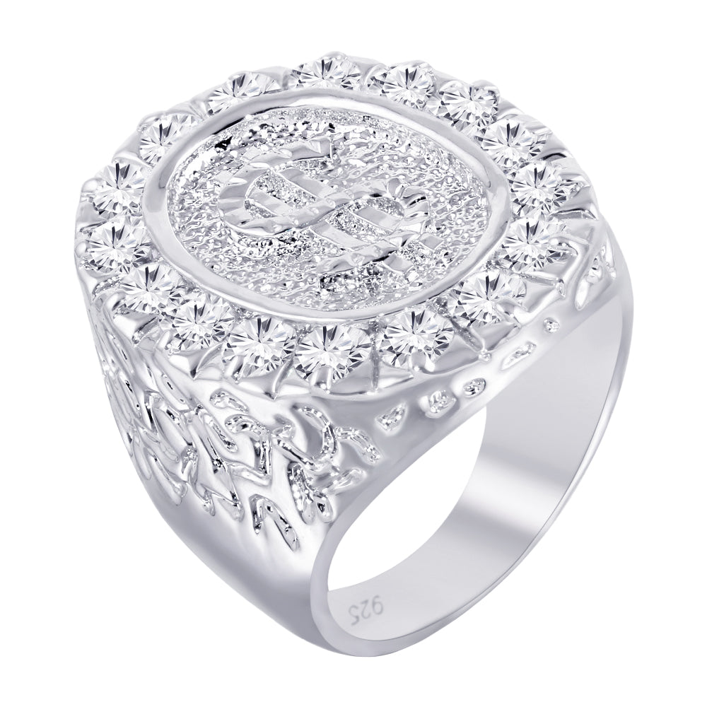 Rhodium Plated 925 Sterling Silver Large Dollar Sign Ring with CZ - BGR00012