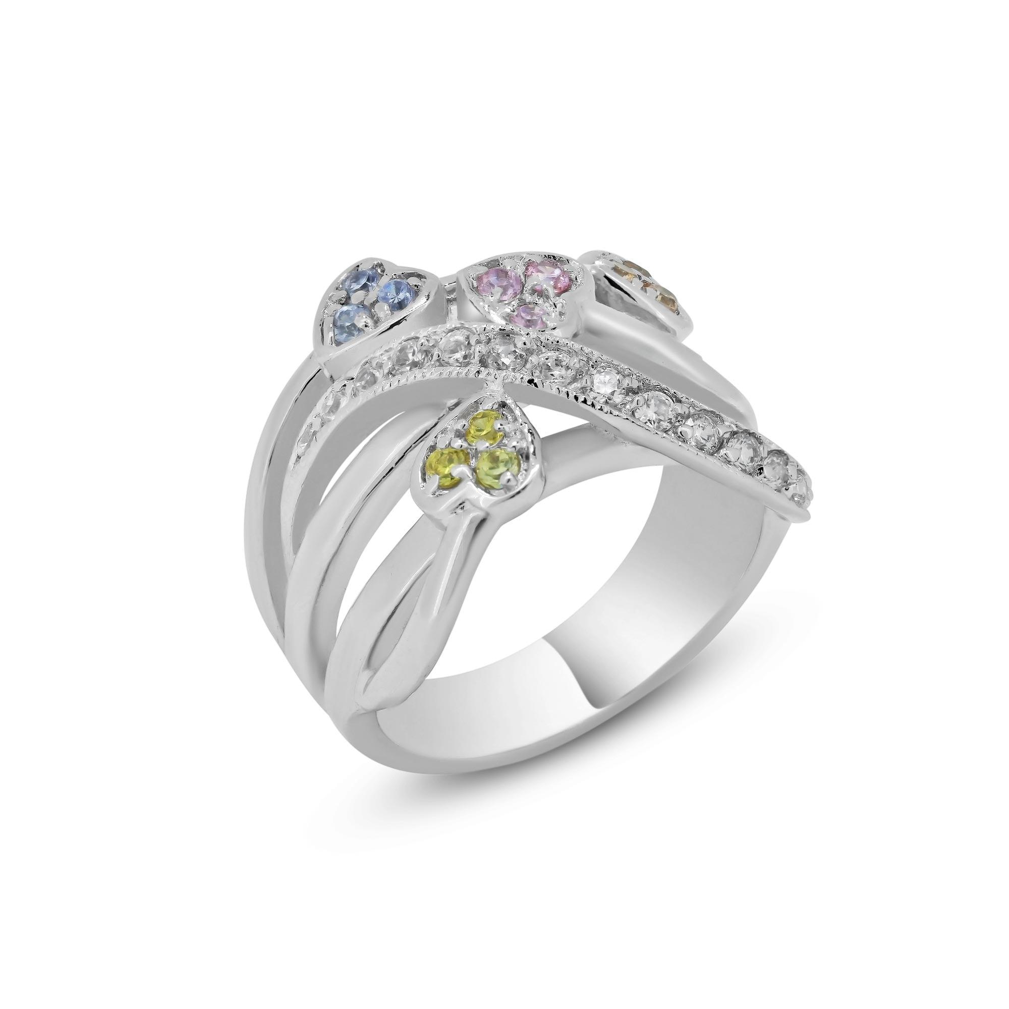 Silver 925 Rhodium Plated Multi Colored CZ Heart Ring - BGR00020
