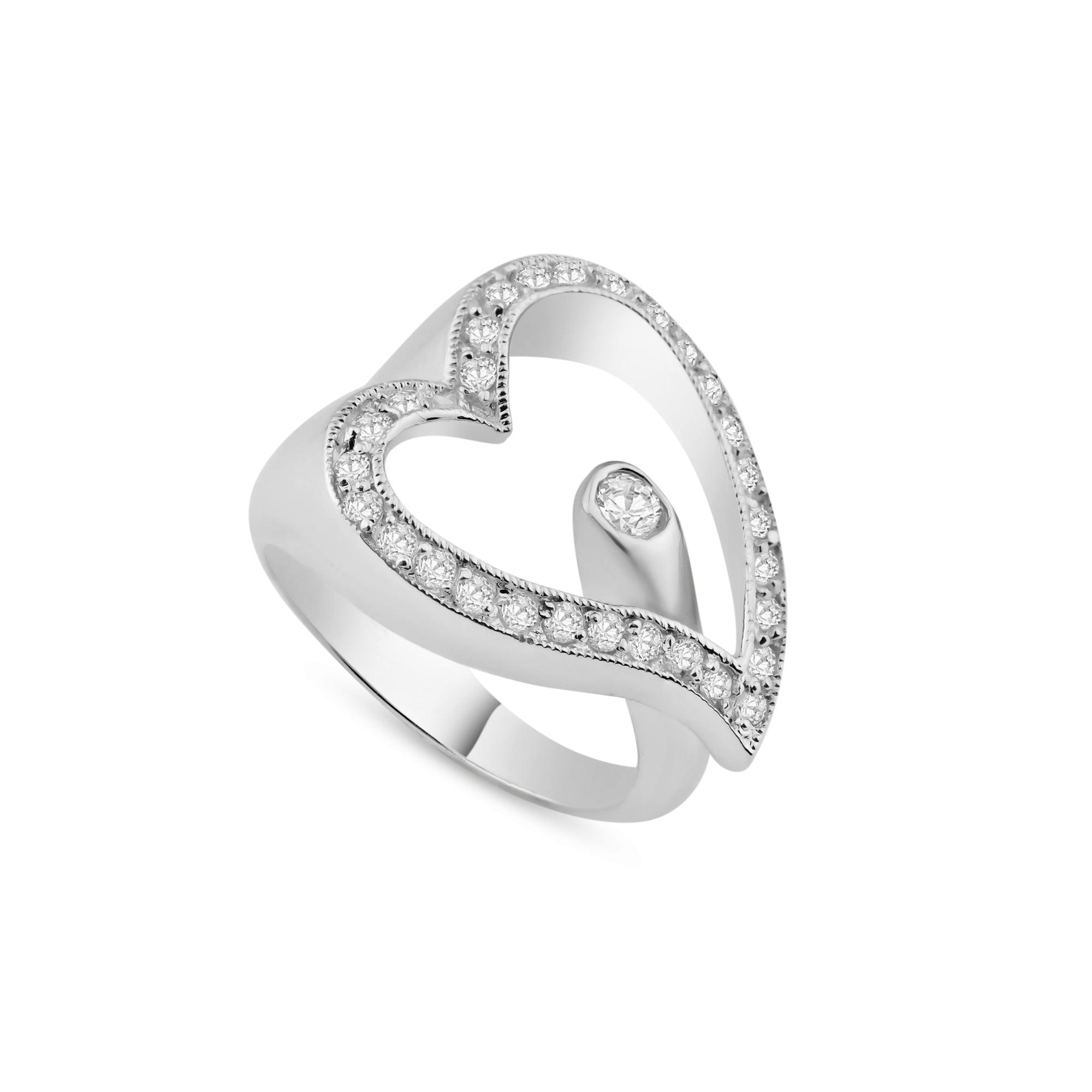 Silver 925 Rhodium Plated Round Center CZ Sideways Open Heart Ring - BGR00023