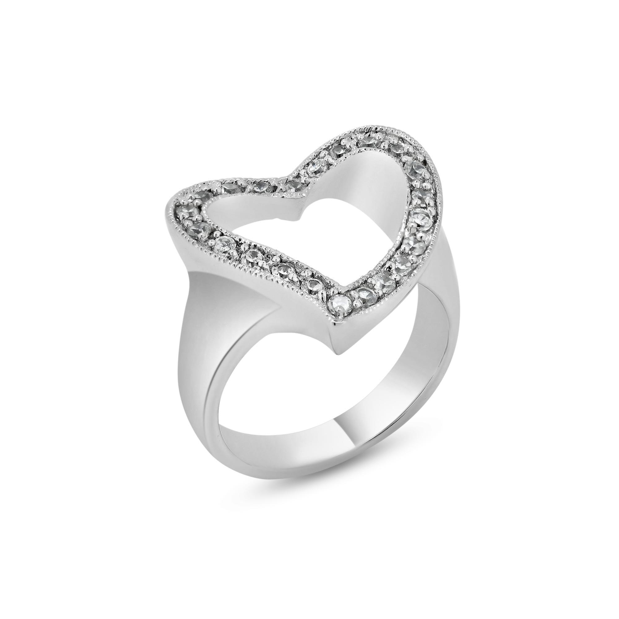 Silver 925 Rhodium Plated CZ Open Heart Ring - BGR00024