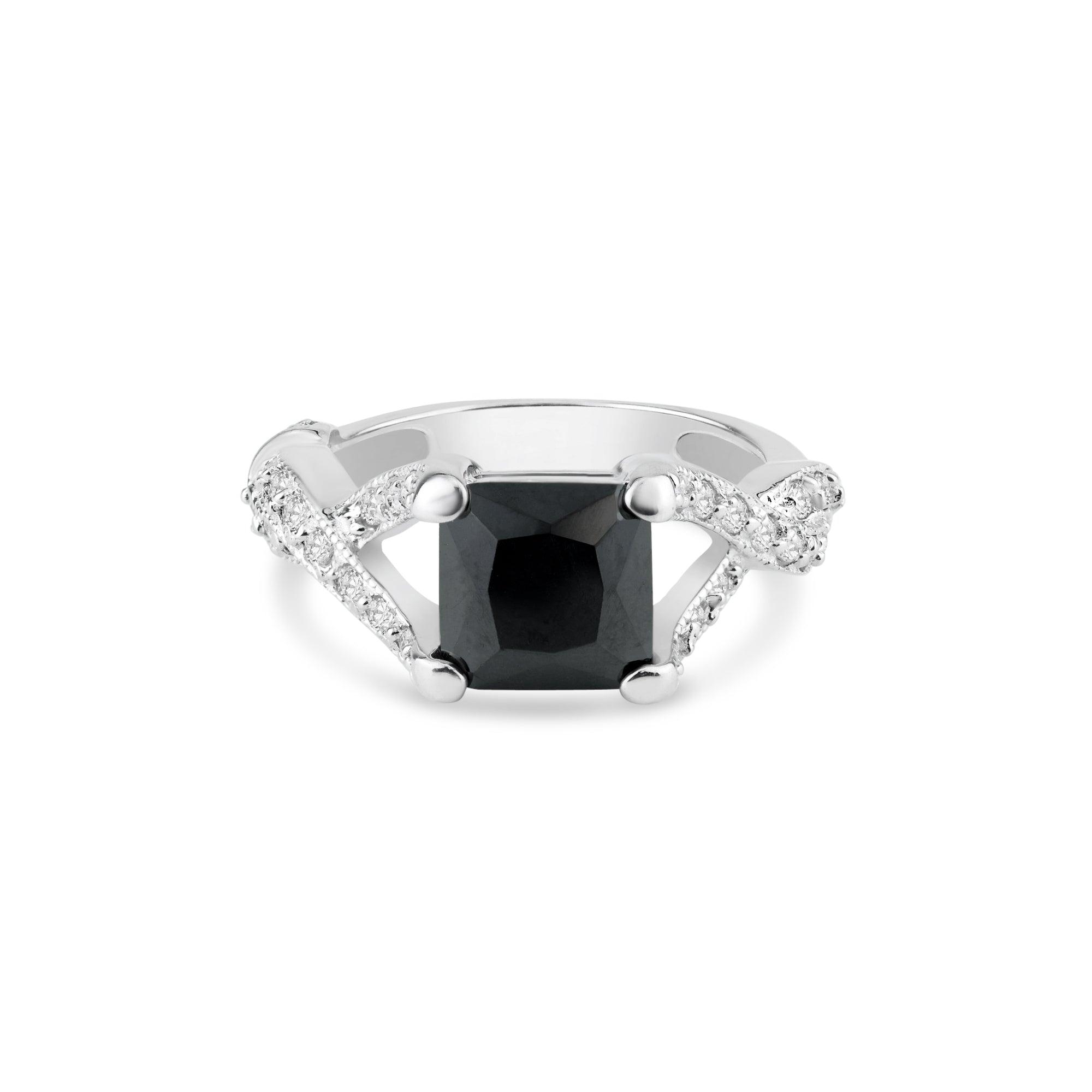Silver 925 Rhodium Plated Black Square Center and Clear CZ Ring - BGR00032