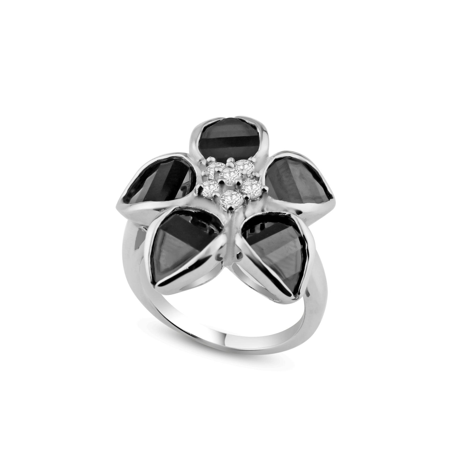 Silver 925 Rhodium and Black Rhodium Plated Black Clear CZ Flower Ring - BGR00033