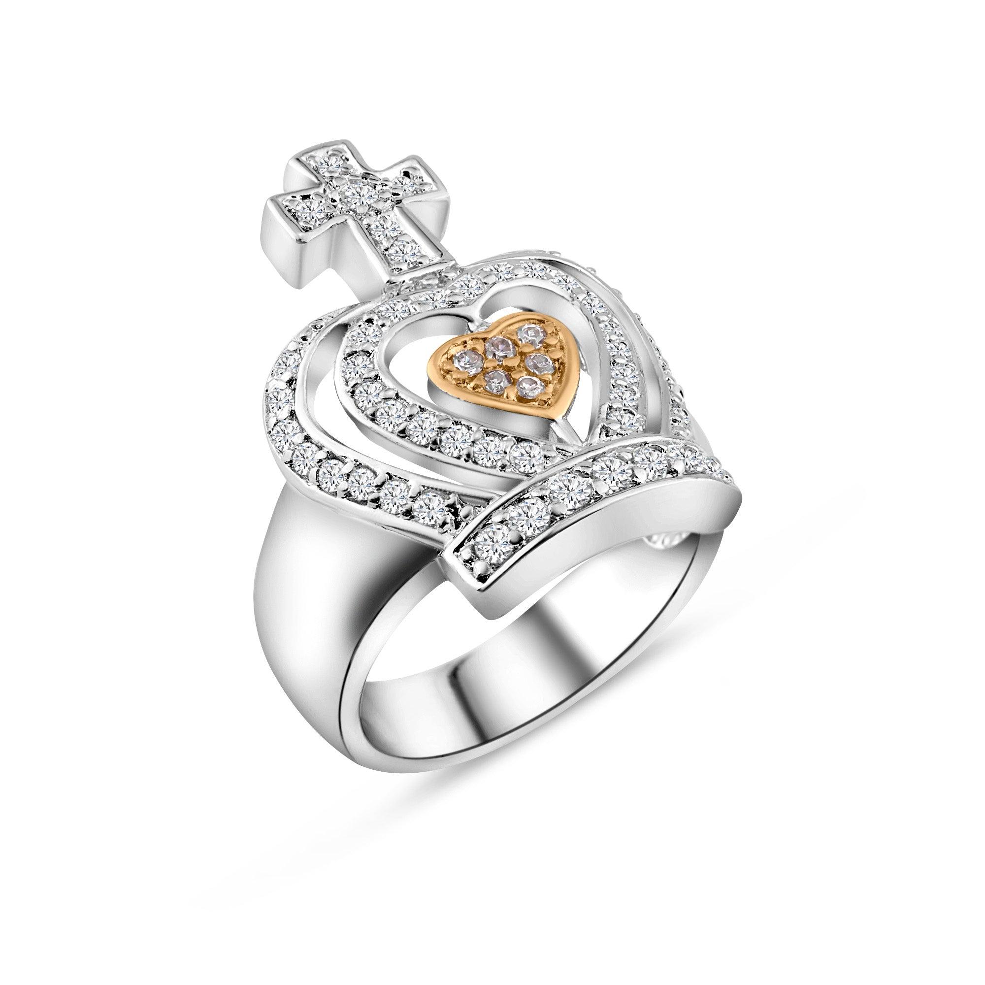 Silver 925 Rhodium Plated Pink Heart Center and Clear CZ Crown Ring - BGR00038