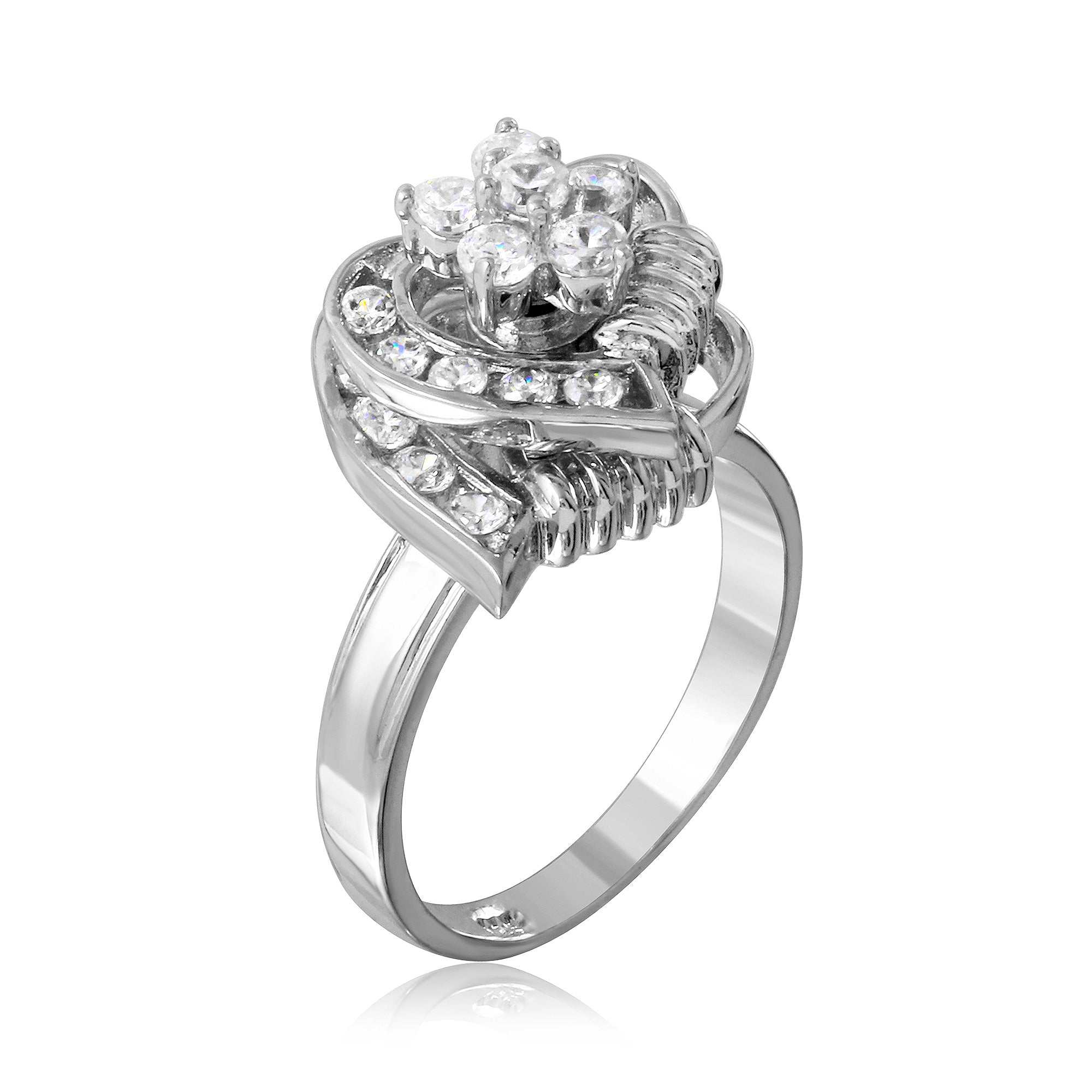 Rhodium Plated 925 Sterling Silver Clear Flower 2 Row Hearts Fidgetting Clear CZ Ring - BGR00045