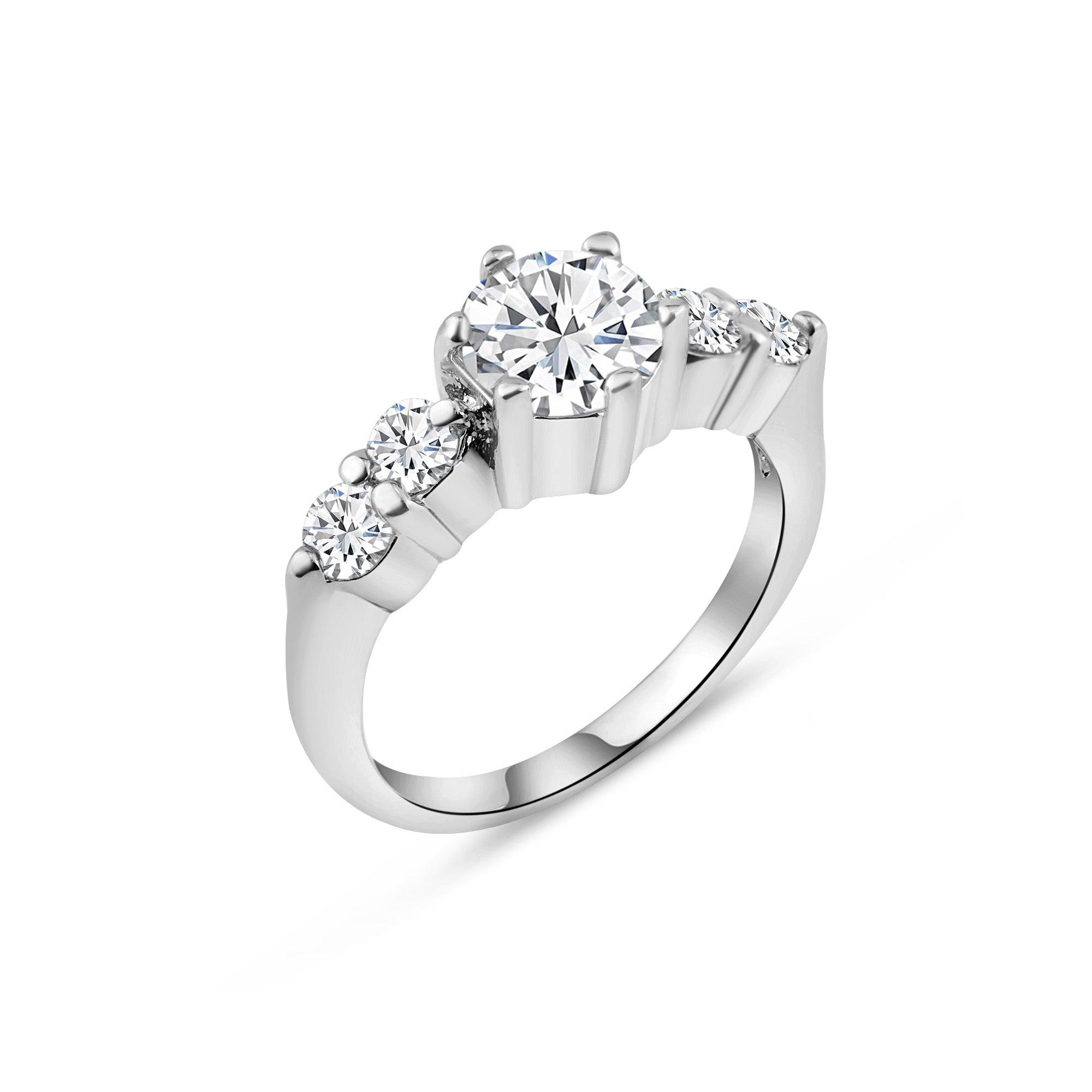 Silver 925 Rhodium Plated 5 Clear Round Stone Set CZ Bridal Ring - BGR00048