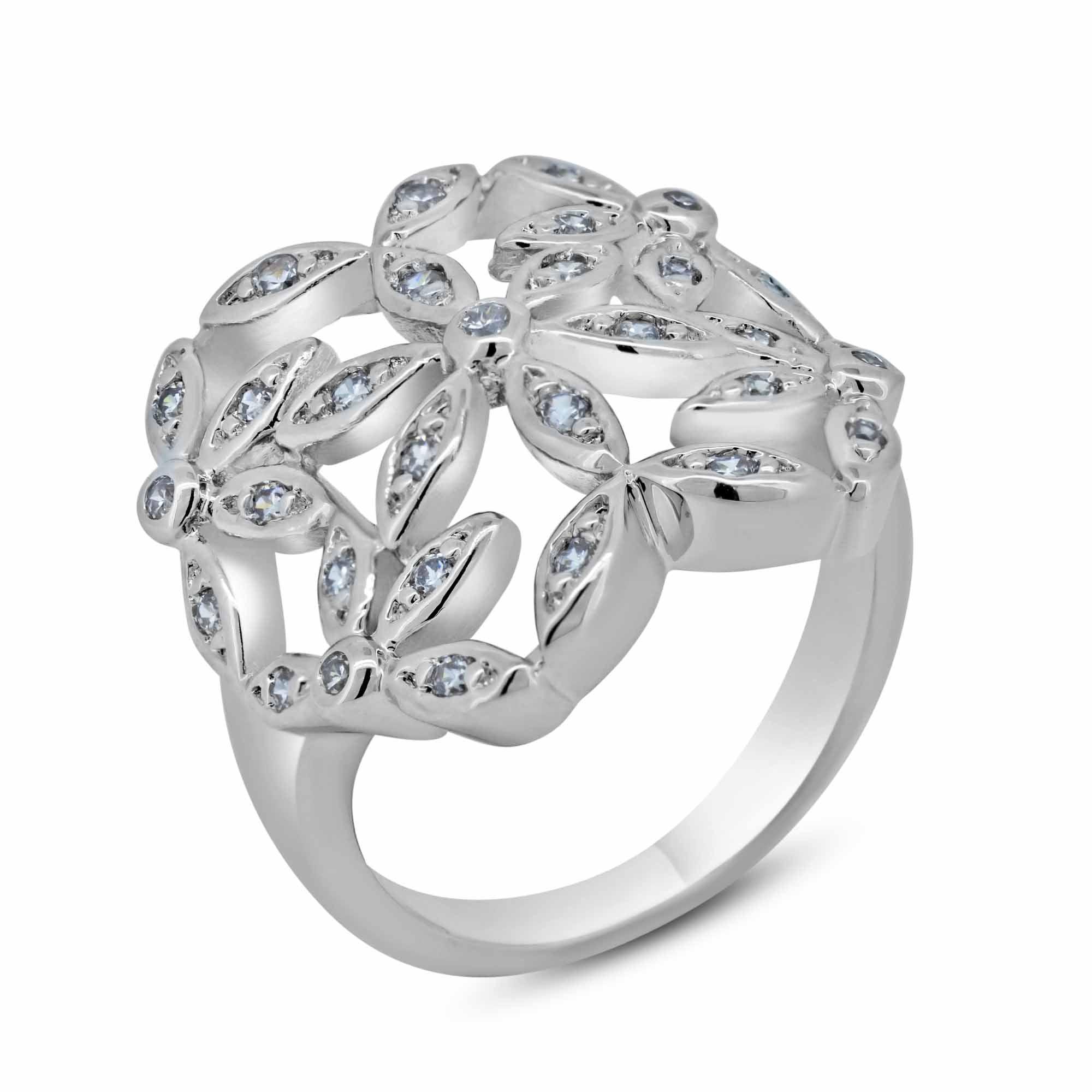 Silver 925 Rhodium Plated Clear CZ Cigar Band Flower Ring - BGR00062