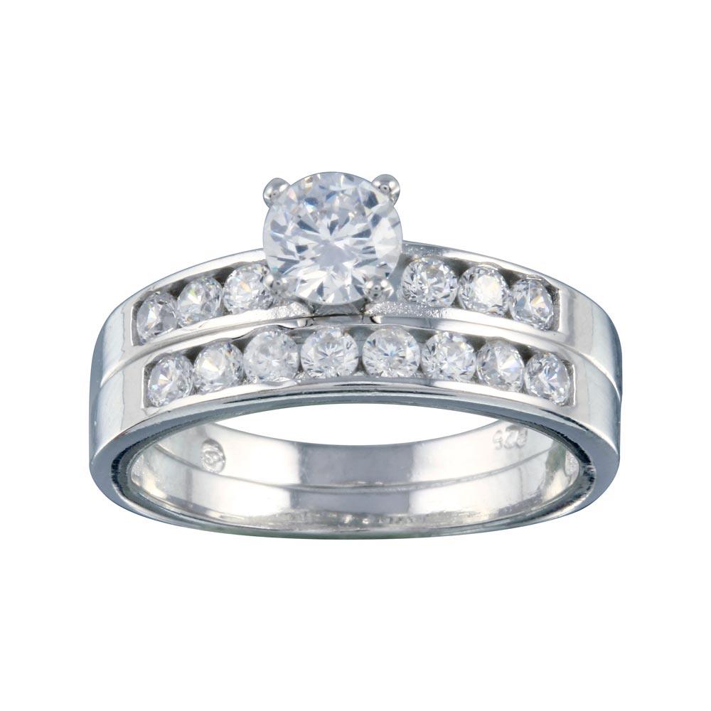 Rhodium Plated 925 Sterling Silver Clear CZ Bridal Ring Set - BGR00088
