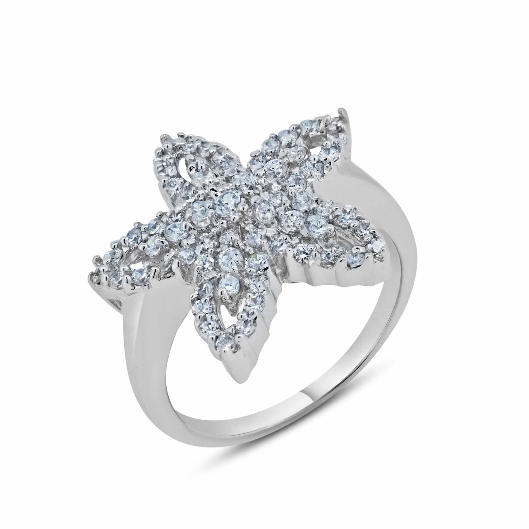 Silver 925 Rhodium Plated Clear Pave Set CZ Starfish Ring - BGR00102