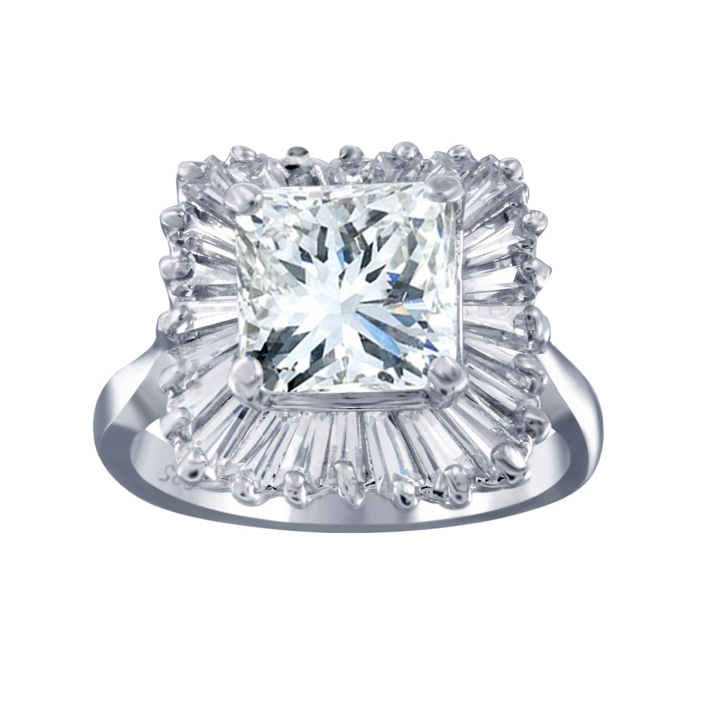 Rhodium Plated 925 Sterling Silver Clear Baguette Square CZ Antique Bridal Ring - BGR00103