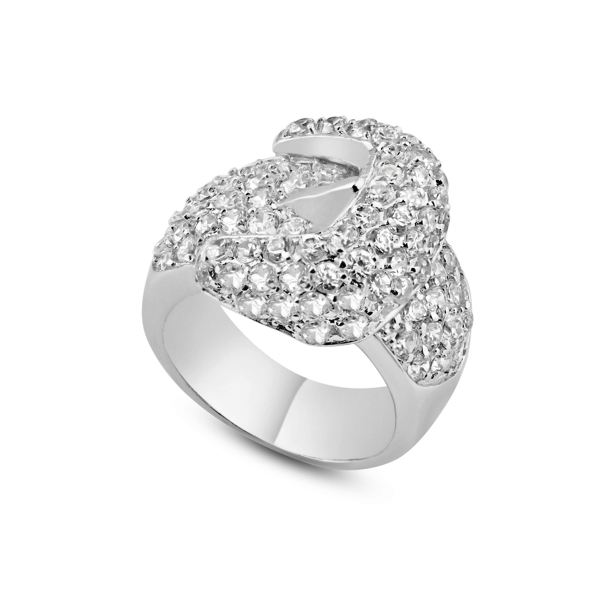 Silver 925 Rhodium Plated Clear Pave Set CZ Belt Buckle Ring - BGR00105