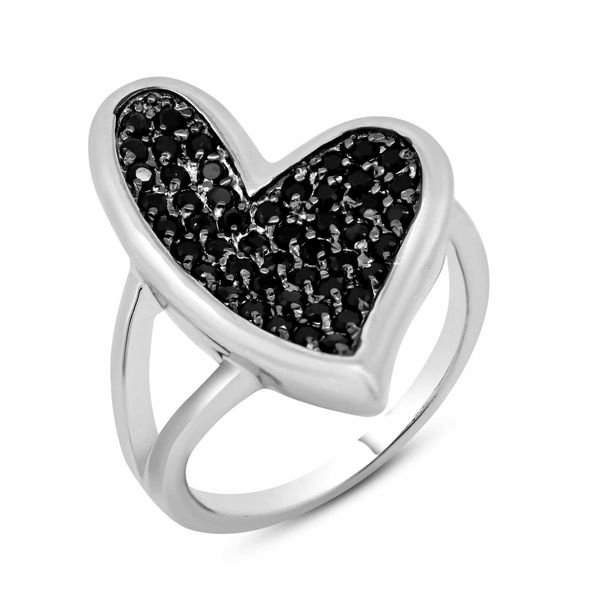 Silver 925 Rhodium Plated Black Pave Set CZ Heart Ring - BGR00108