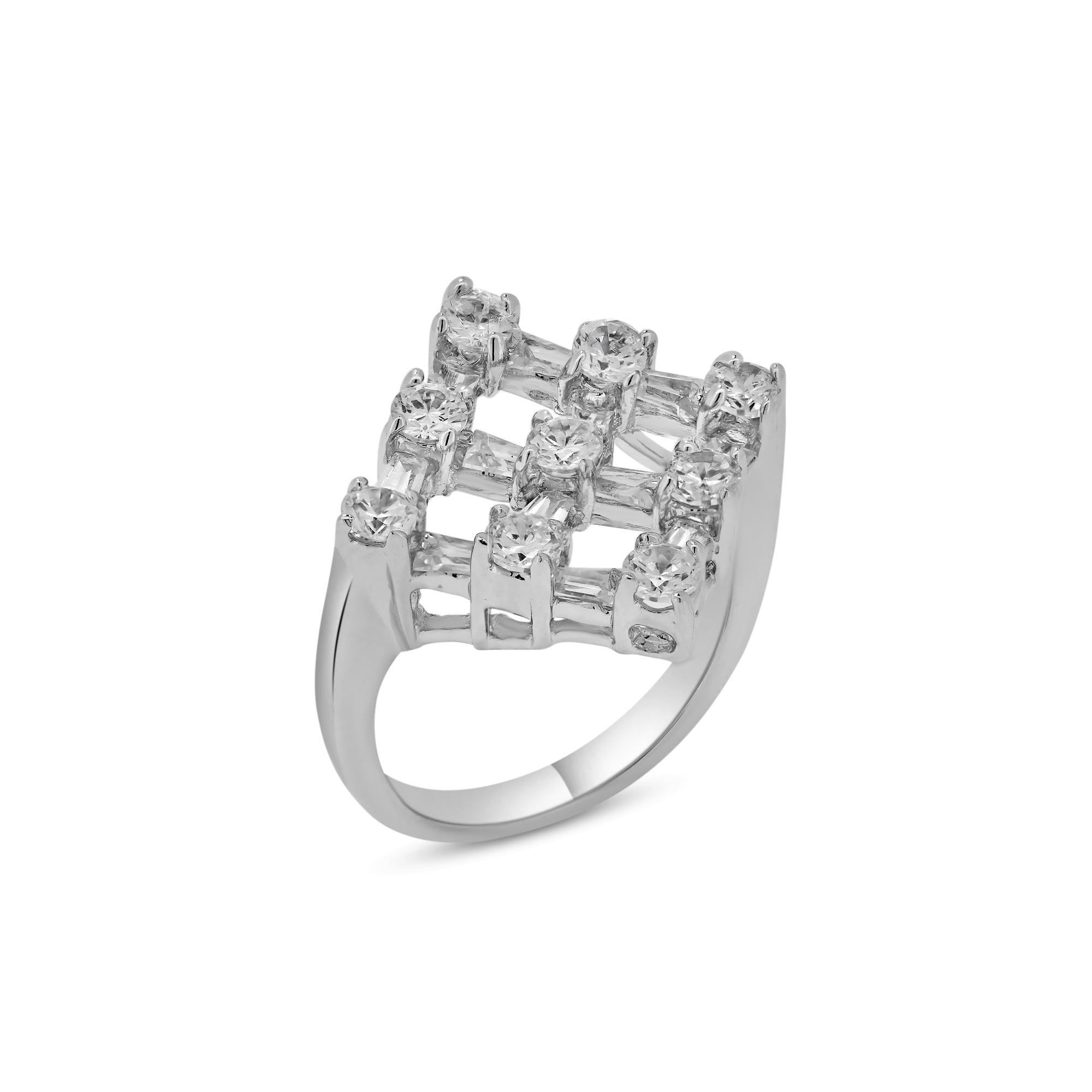 Silver 925 Rhodium Plated CZ Square Net Ring - BGR00116