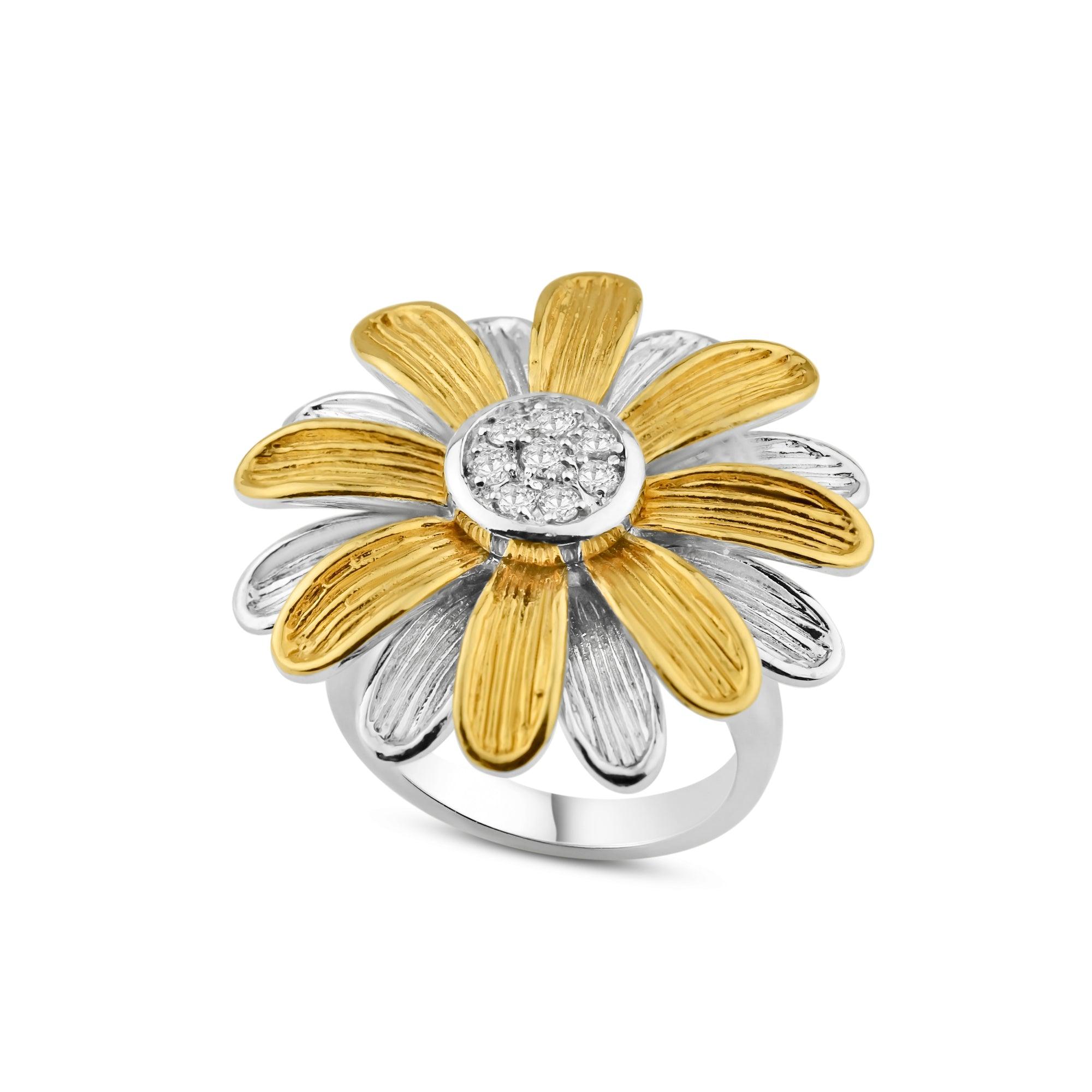 Silver 925 Rhodium and Gold Plated Clear CZ Daisy Flower Ring - BGR00126