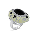 Silver 925 Rhodium Plated Black and White Enamel Black Stone Center Clear CZ Dome Ring - BGR00131