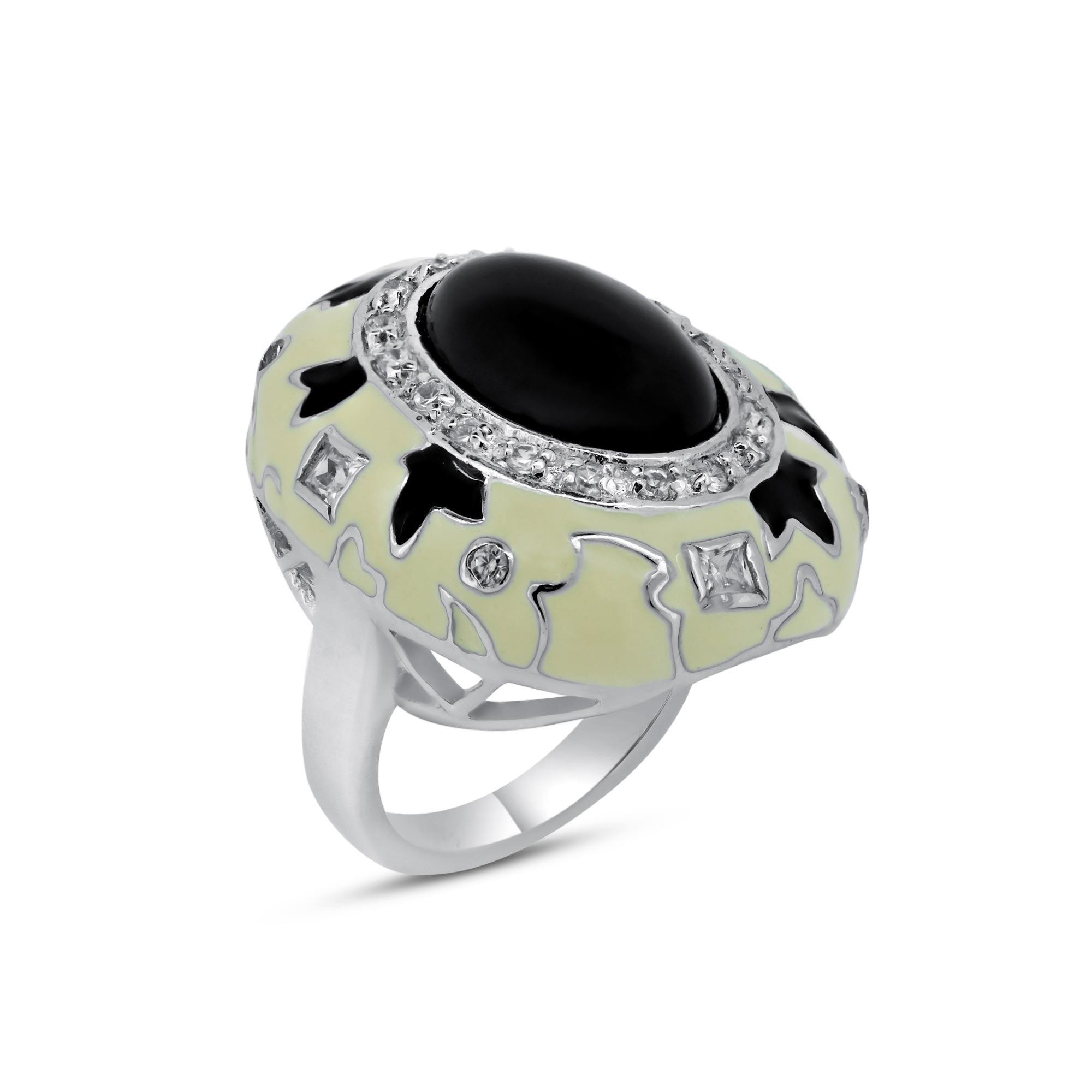 Silver 925 Rhodium Plated Black and White Enamel Black Stone Center Clear CZ Dome Ring - BGR00131