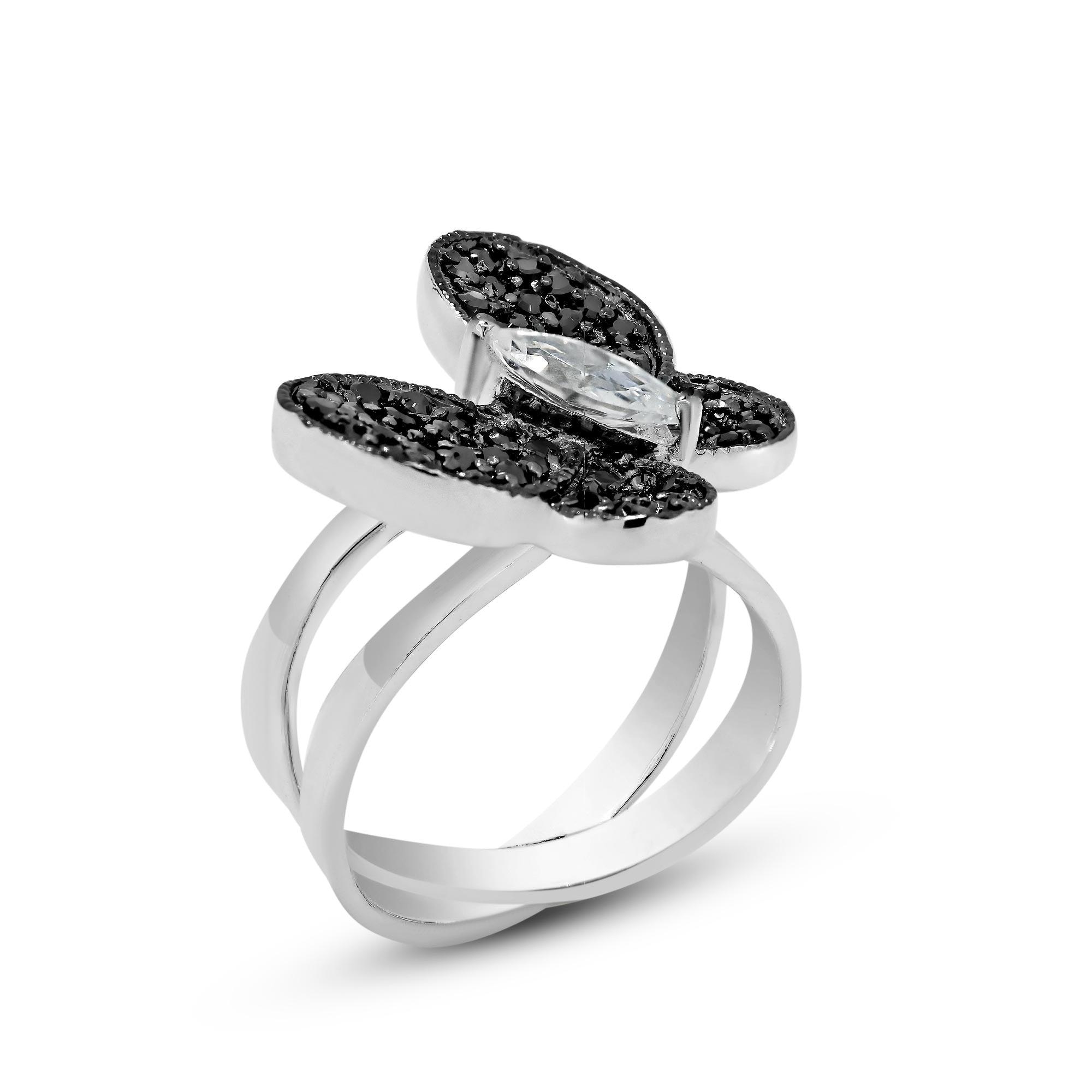 Silver 925 Rhodium and Black Rhodium Plated Clear Marquise and Pave Set Black CZ Butterfly Ring - BGR00137