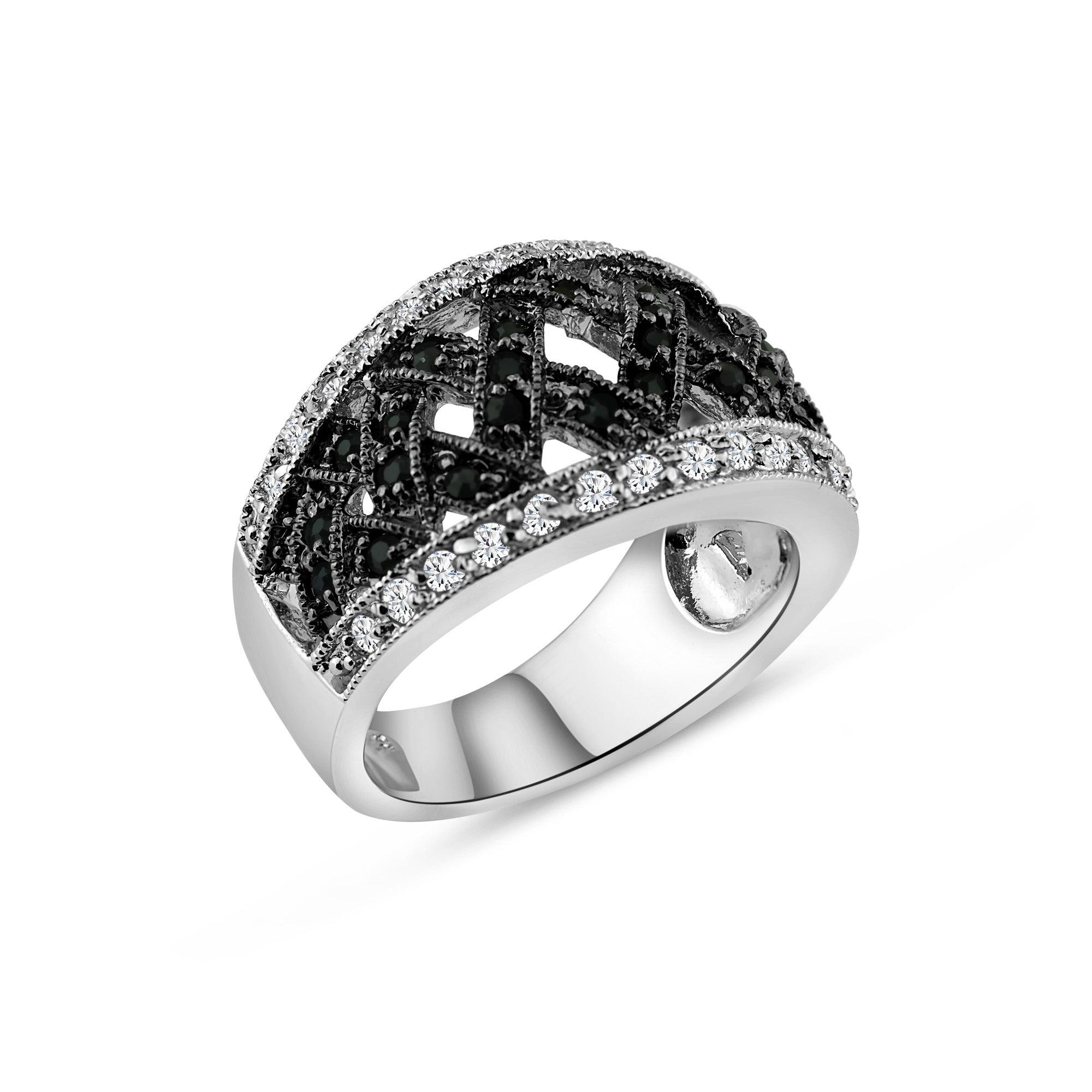 Silver 925 Rhodium and Black Rhodium Plated Clear and Black CZ Net Ring - BGR00139