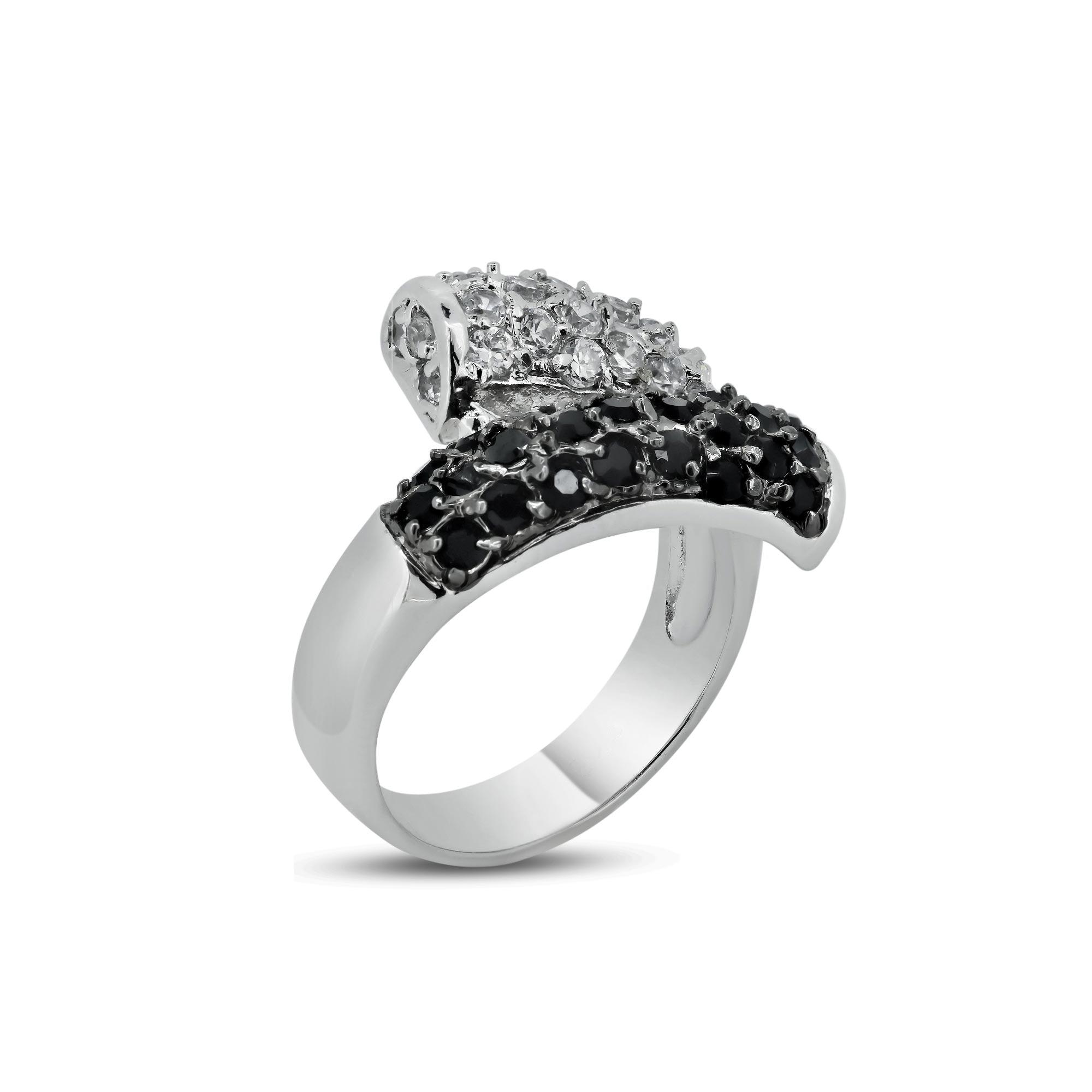 Silver 925 Rhodium and Black Rhodium Plated Pave Set Clear and Black CZ Wrap Ring - BGR00141