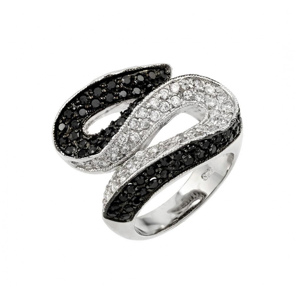 Silver 925 Rhodium and Black Rhodium Plated Clear and Black Pave Set CZ S Curve Ring - BGR00143