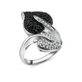 Silver 925 Rhodium and Black Rhodium Plated Black and Clear CZ Leaf Ring - BGR00145