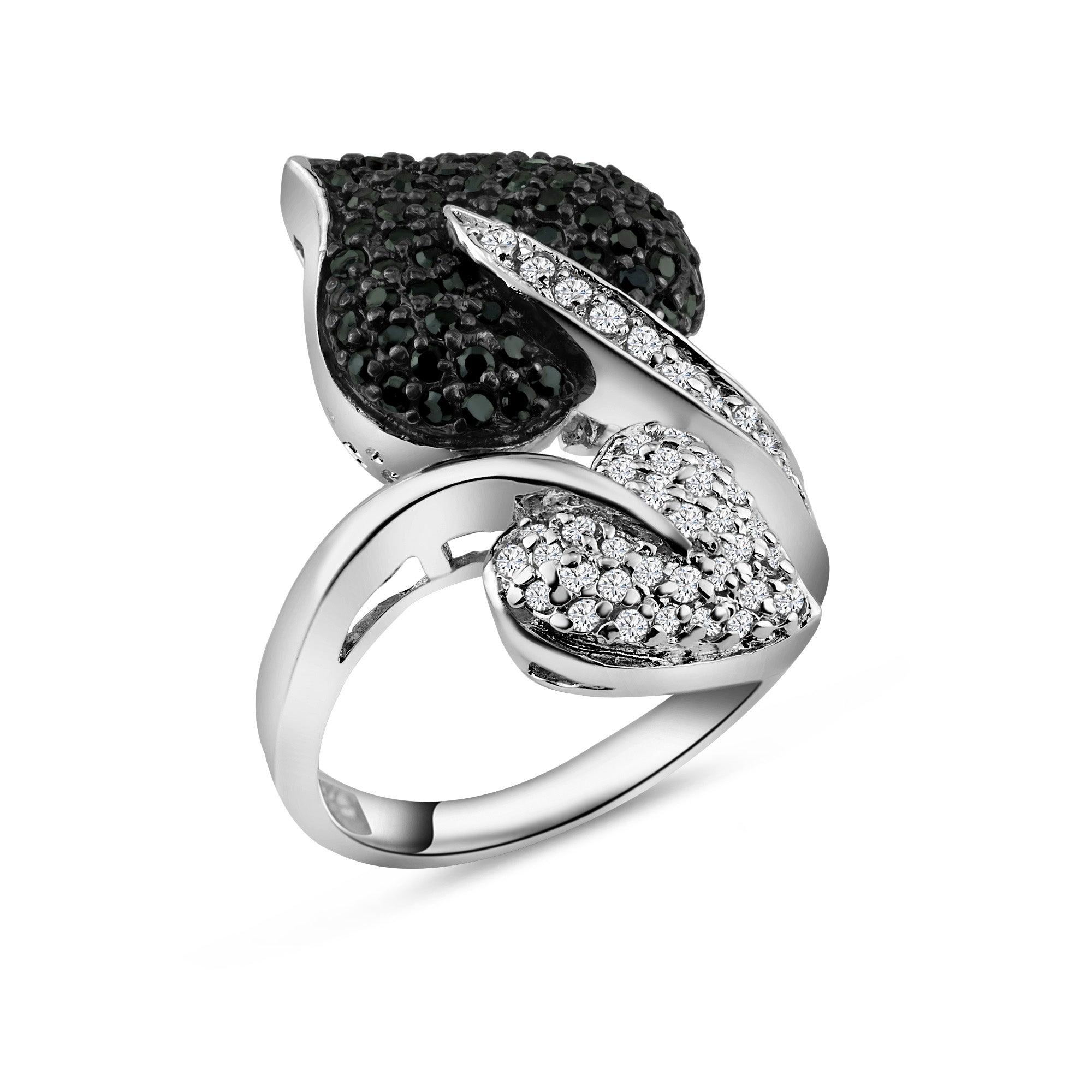 Silver 925 Rhodium and Black Rhodium Plated Black and Clear CZ Leaf Ring - BGR00145