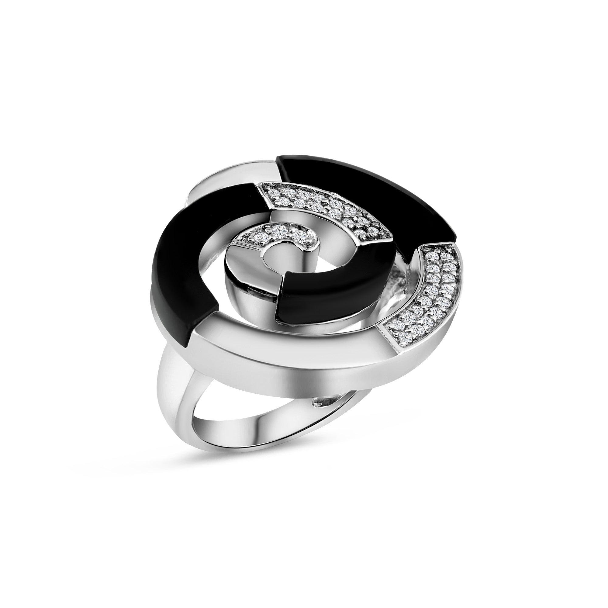 Silver 925 Rhodium Plated Black Onyx Clear Pave Set CZ Spiral Swirl Ring - BGR00156