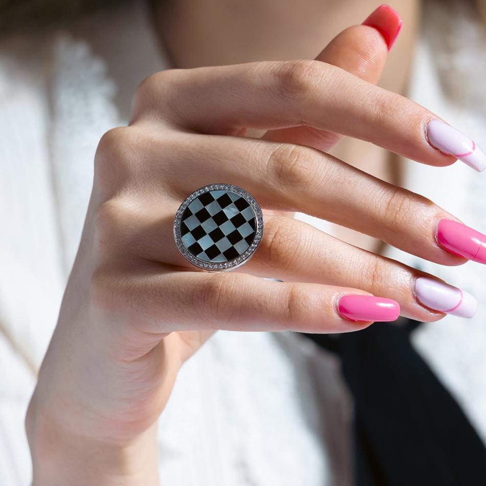 Silver 925 Rhodium Plated Clear CZ Black and White Round Checker Ring - BGR00159