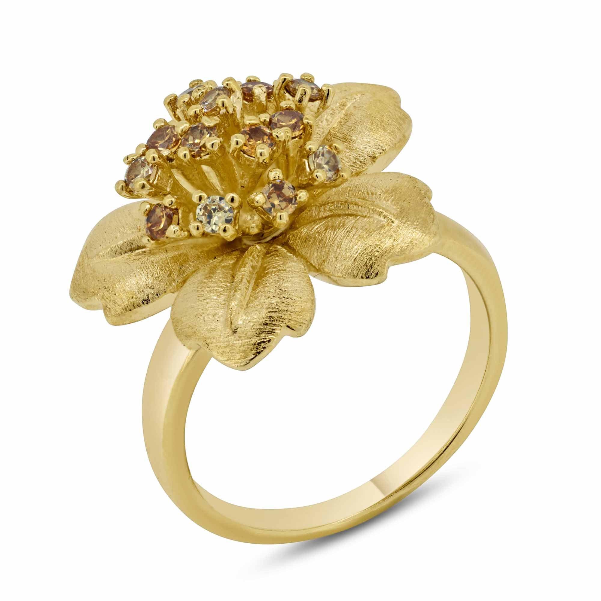 Silver 925 Gold Plated Clear CZ Flower Ring - BGR00161