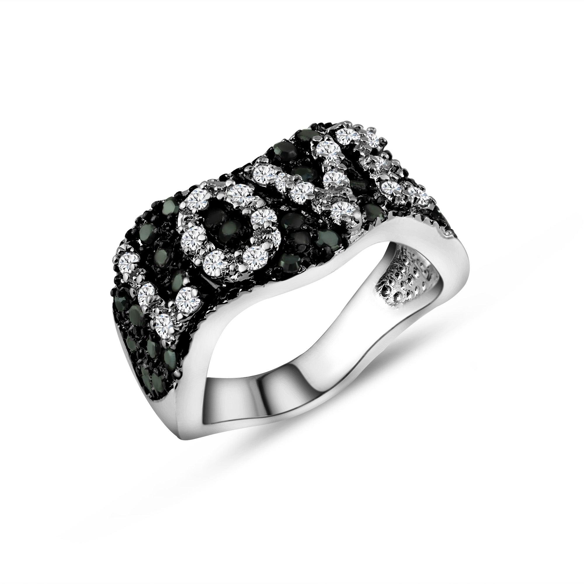 Silver 925 Rhodium and Black Rhodium Plated Clear and Black CZ Pave Set Love Ring - BGR00164
