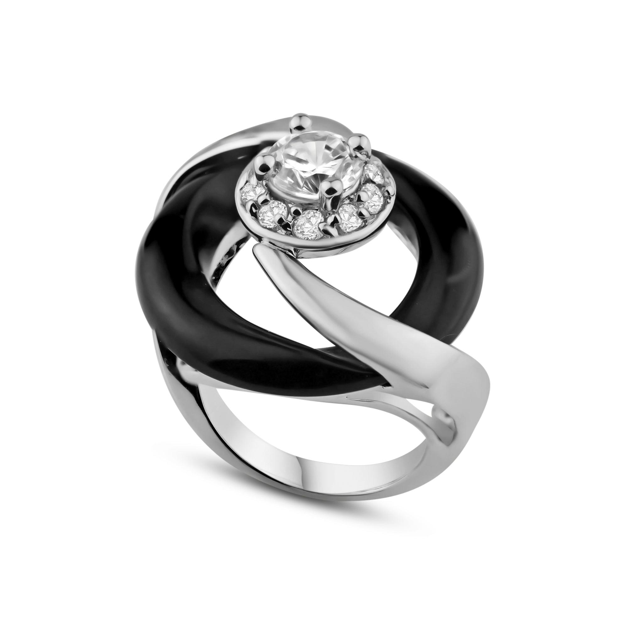 Silver 925 Rhodium and Black Rhodium Plated Center CZ Black Onyx Ring - BGR00165