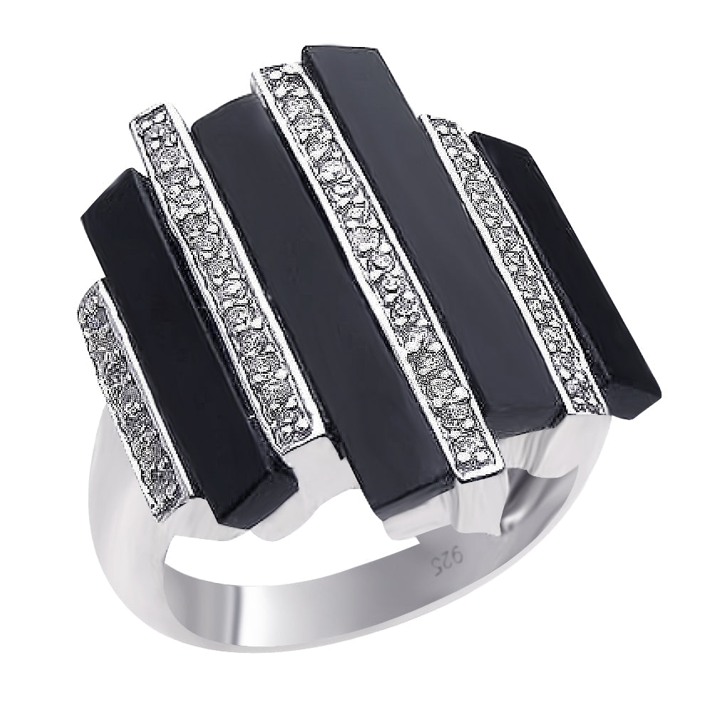 Silver 925 Rhodium Plated Multiple Onyx Clear CZ Bars Ring - BGR00166