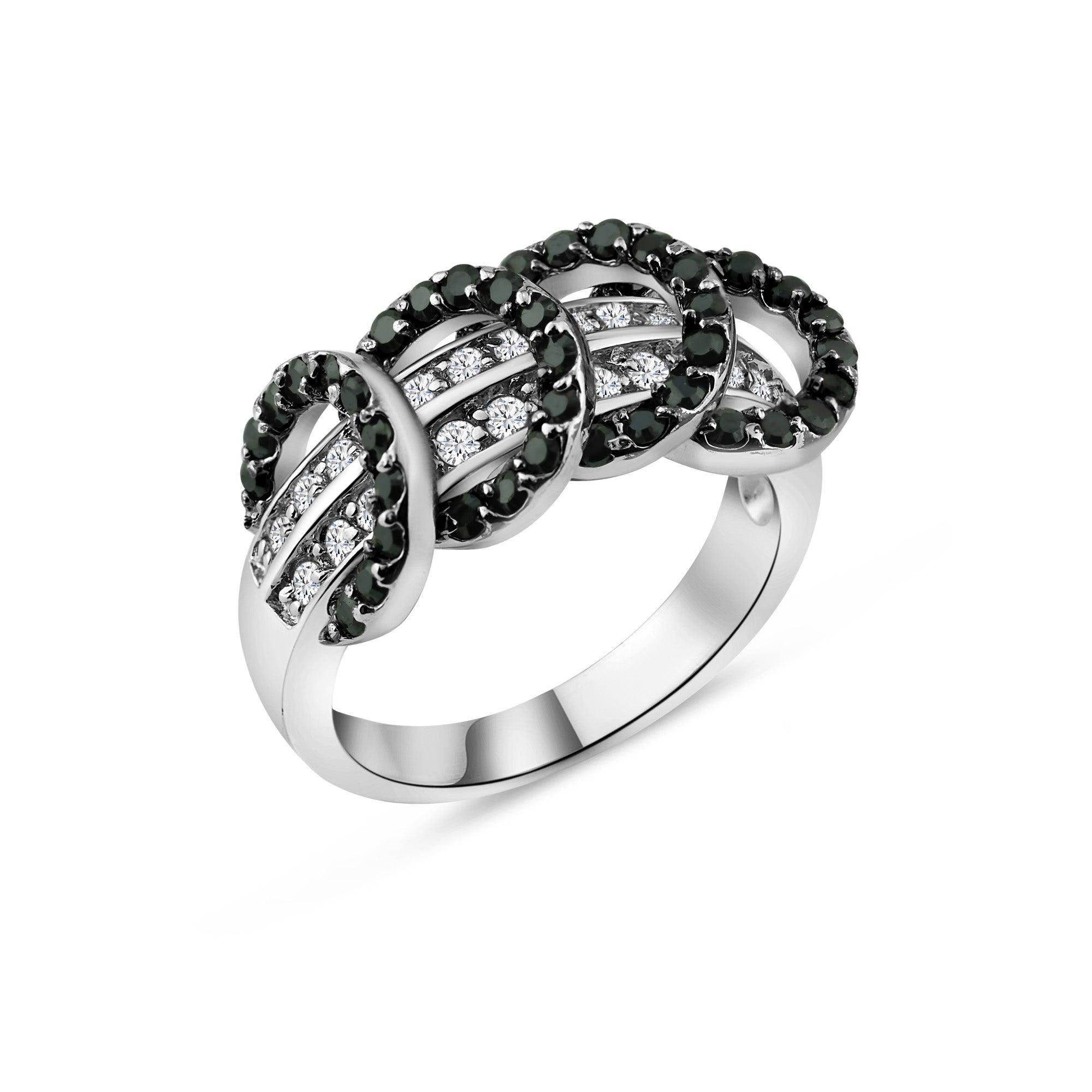 Silver 925 Rhodium and Black Rhodium Plated Clear and Black CZ Overlapping Circle Ring - BGR00173