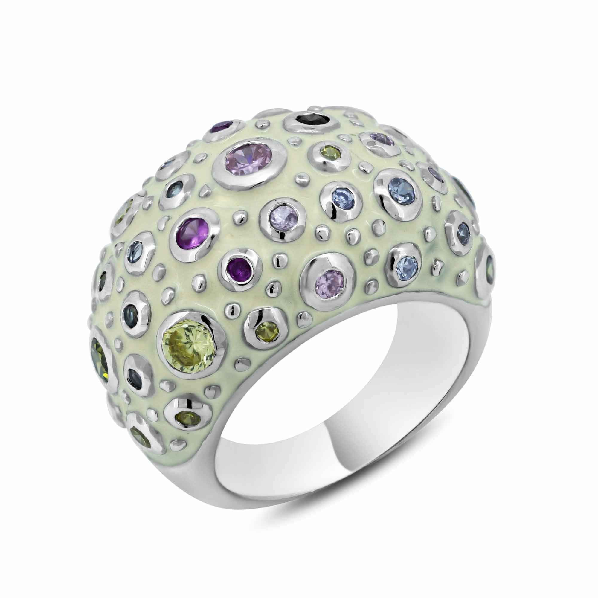 Silver 925 Rhodium Plated White Enamel Multi Colored CZ Dome Ring - BGR00177