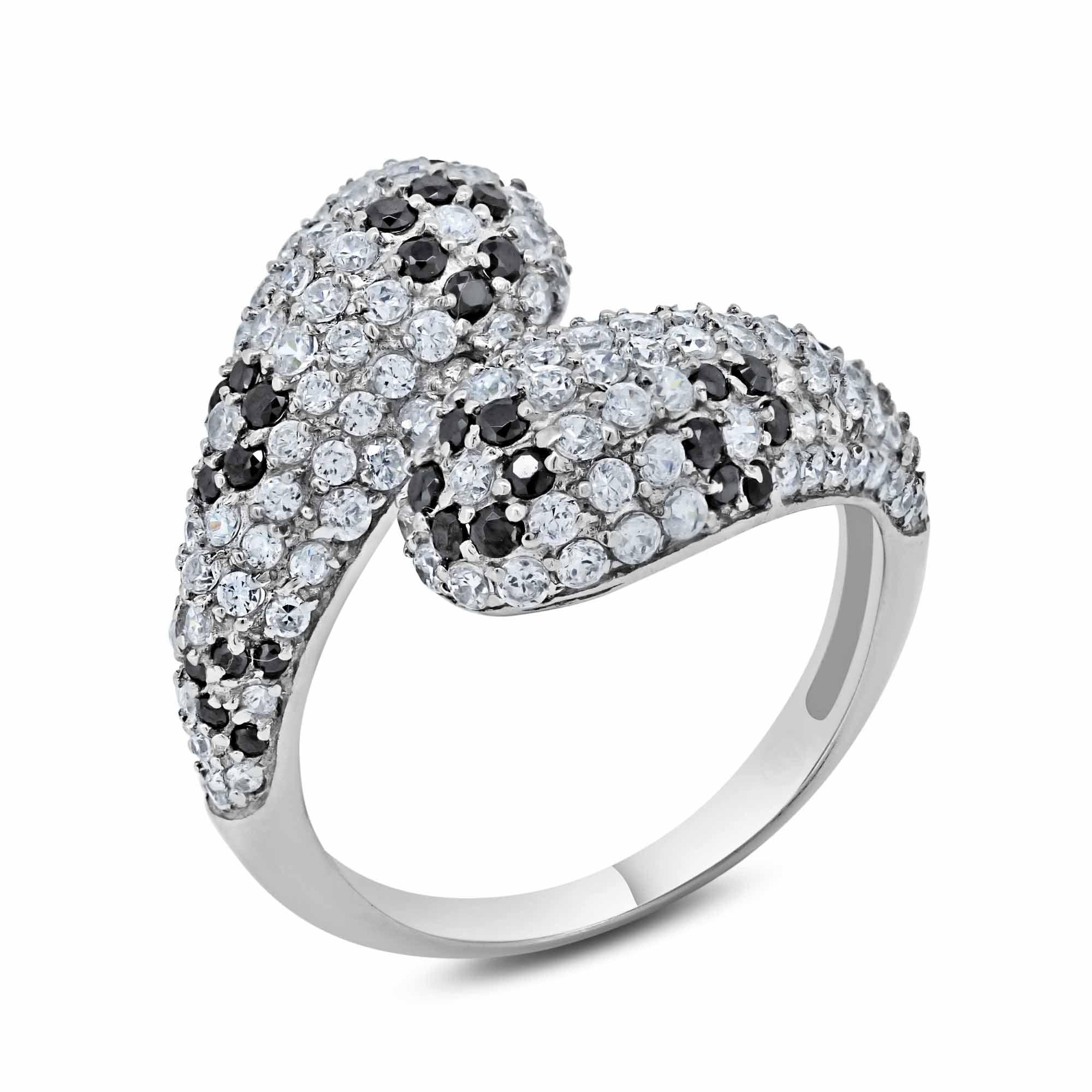 Silver 925 Rhodium Plated Black and Clear CZ Flower Ring - BGR00197